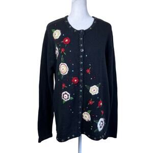 White Stag Sz L Floral Embroidered Button-front Cardigan with Detachable Scarf